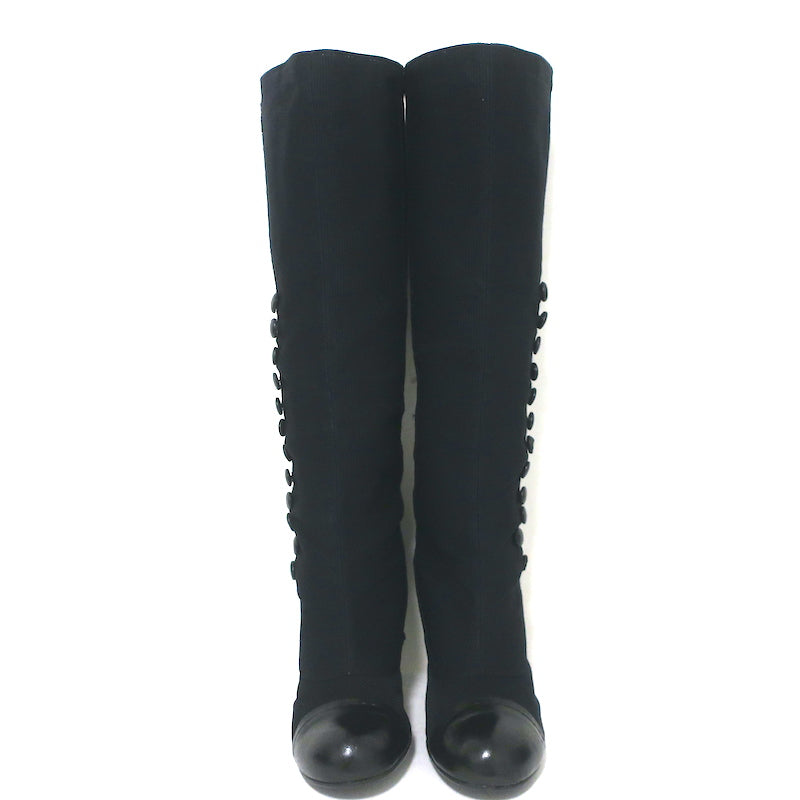 Lanvin Cap Toe Buttoned Knee High Boots Black Corduroy &amp; Leather Size 39