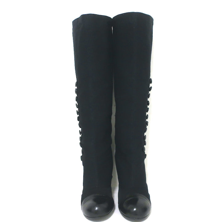 Lanvin Cap Toe Buttoned Knee High Boots Black Corduroy &amp; Leather Size 39