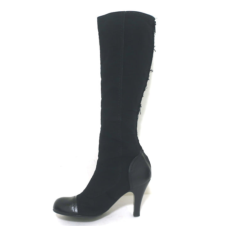 Lanvin Cap Toe Buttoned Knee High Boots Black Corduroy &amp; Leather Size 39