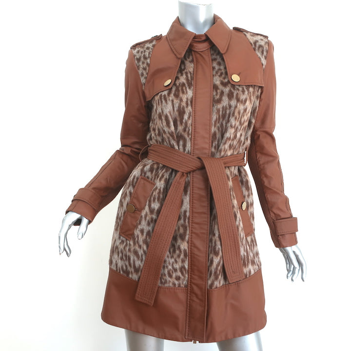 BCBGMAXAZRIA Trench Coat Blake Leopard Faux Fur &amp; Leather Size Extra Small NEW