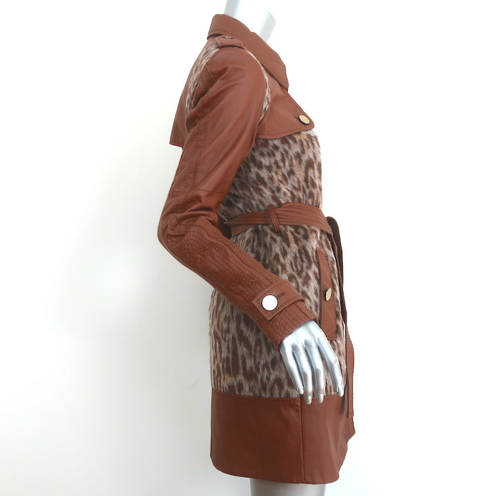 BCBGMAXAZRIA Trench Coat Blake Leopard Faux Fur &amp; Leather Size Extra Small NEW