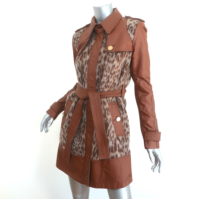 BCBGMAXAZRIA Trench Coat Blake Leopard Faux Fur &amp; Leather Size Extra Small NEW