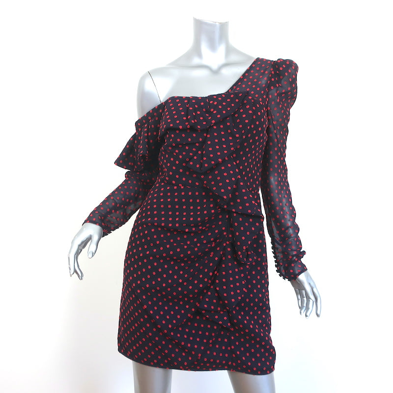 Self-Portrait Asymmetric Mini Dress Plumetis Navy/Red Dot Print Chiffo Celebrity Owned Self-Portrait Asymmetric Mini Dress Plumetis Navy/Red Dot Print Chiffo Celebrity Owned