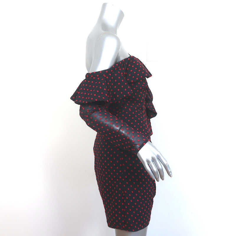 Self-Portrait Asymmetric Mini Dress Plumetis Navy/Red Dot Print Chiffon Size 6