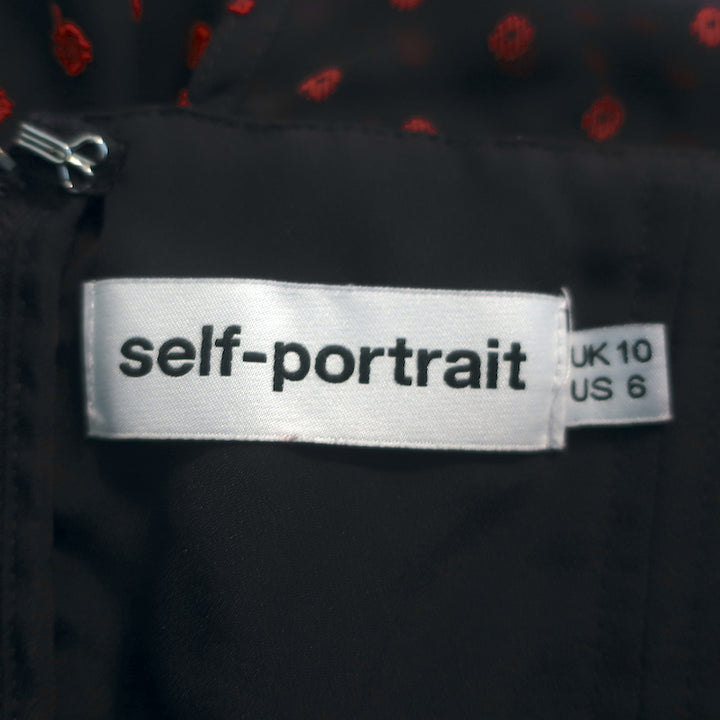 Self-Portrait Asymmetric Mini Dress Plumetis Navy/Red Dot Print Chiffon Size 6