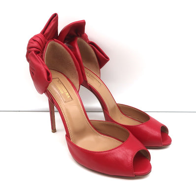 Aquazzura Versailles d'Orsay Bow Pumps Red Leather Size 37 Peep Toe Heels