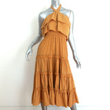 MISA Halter Midi Dress Asya Pom Pom Trim Marigold Block Print Size Small