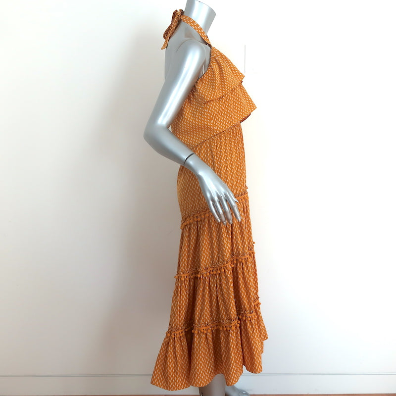 MISA Halter Midi Dress Asya Pom Pom Trim Marigold Block Print Size Small