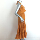 MISA Halter Midi Dress Asya Pom Pom Trim Marigold Block Print Size Small