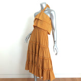 MISA Halter Midi Dress Asya Pom Pom Trim Marigold Block Print Size Small