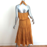MISA Halter Midi Dress Asya Pom Pom Trim Marigold Block Print Size Small