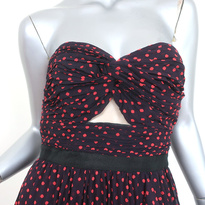Self-Portrait Strapless Mini Dress Navy/Red Dot Print Georgette Size US 6 NEW