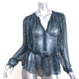 Rebecca Taylor Snake Print Blouson Top Blue Chiffon Size 10 Long Sleeve Blouse