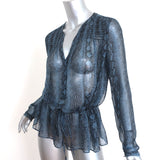 Rebecca Taylor Snake Print Blouson Top Blue Chiffon Size 10 Long Sleeve Blouse
