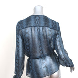 Rebecca Taylor Snake Print Blouson Top Blue Chiffon Size 10 Long Sleeve Blouse
