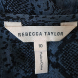 Rebecca Taylor Snake Print Blouson Top Blue Chiffon Size 10 Long Sleeve Blouse