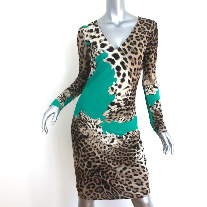 Roberto Cavalli Long Sleeve Dress Aqua &amp; Leopard Print Stretch Jersey Size 42