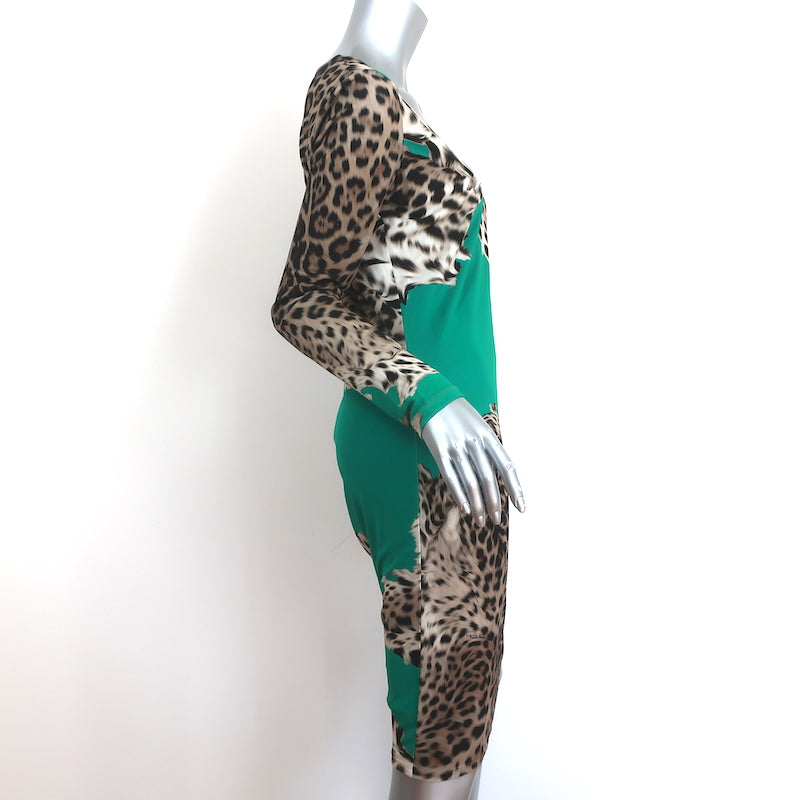 Roberto Cavalli Long Sleeve Dress Aqua &amp; Leopard Print Stretch Jersey Size 42