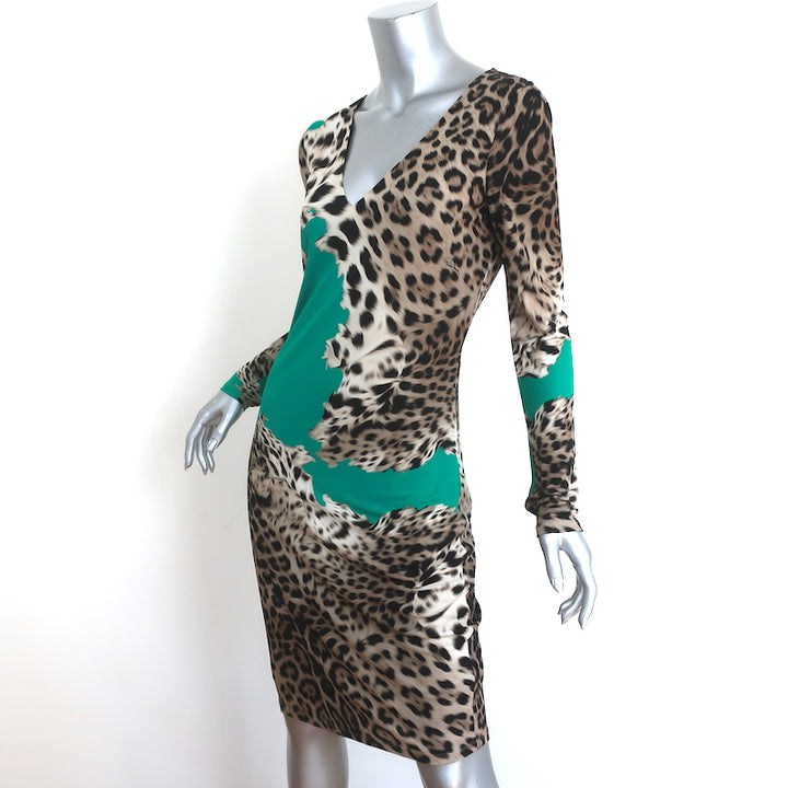 Roberto Cavalli Long Sleeve Dress Aqua &amp; Leopard Print Stretch Jersey Size 42