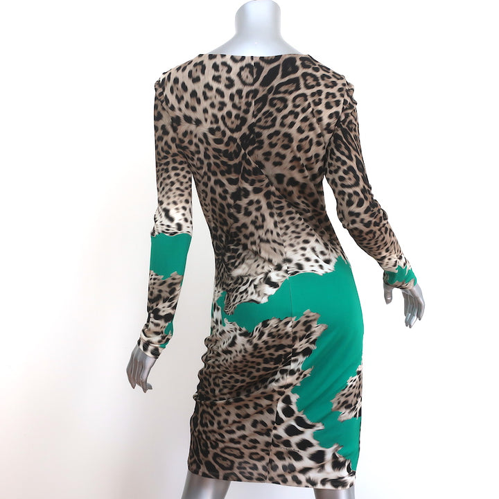 Roberto Cavalli Long Sleeve Dress Aqua &amp; Leopard Print Stretch Jersey Size 42