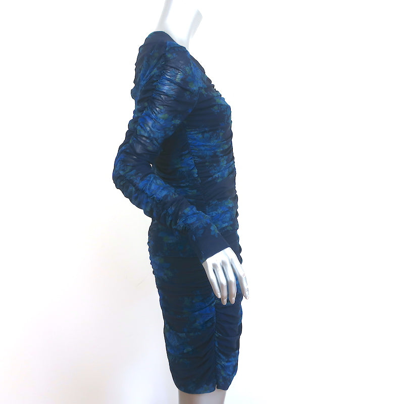 Ganni Ruched Mesh Mini Dress Navy Floral Print Size 40 Long Sleeve Zip-Front