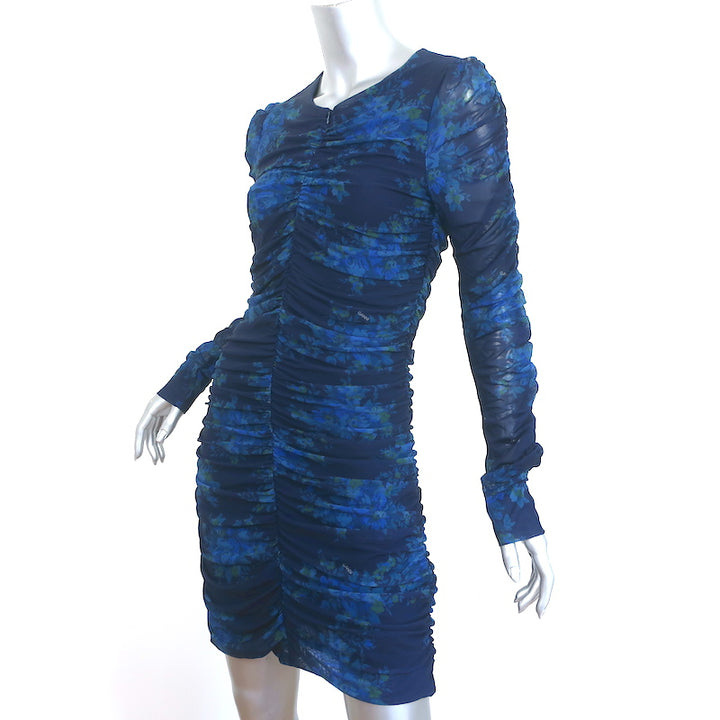 Ganni Ruched Mesh Mini Dress Navy Floral Print Size 40 Long Sleeve Zip-Front