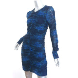 Ganni Ruched Mesh Mini Dress Navy Floral Print Size 40 Long Sleeve Zip-Front