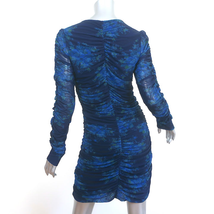 Ganni Ruched Mesh Mini Dress Navy Floral Print Size 40 Long Sleeve Zip-Front