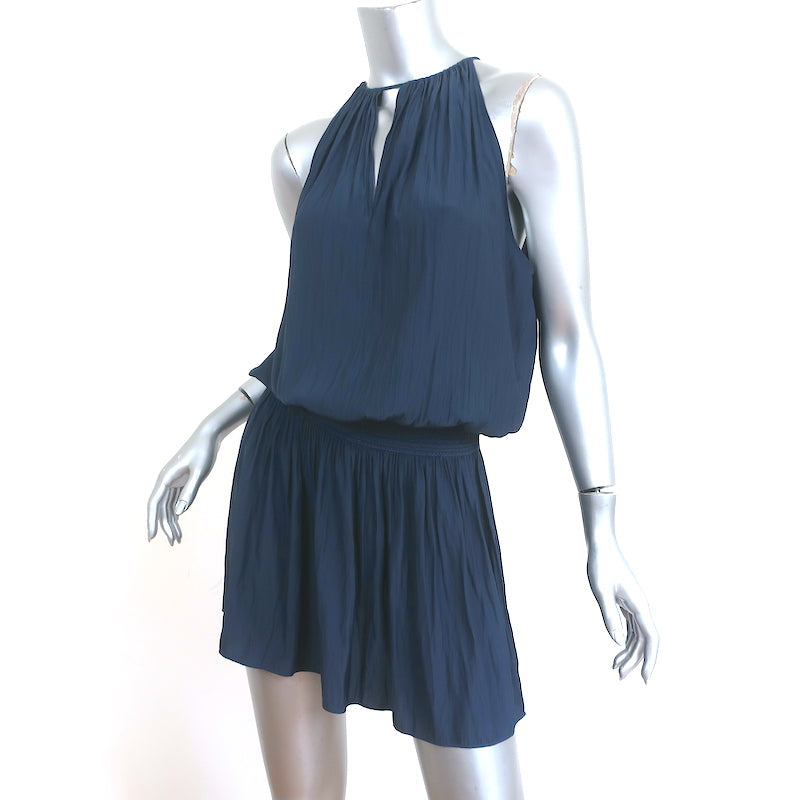 Ramy Brook Blouson Mini Dress Shelly Navy Embroidered Matte Satin Size Medium