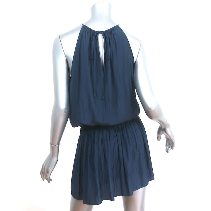 Ramy Brook Blouson Mini Dress Shelly Navy Embroidered Matte Satin Size Medium