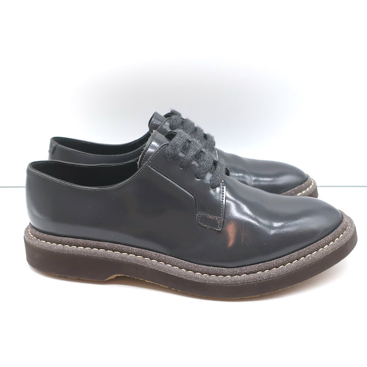 Brunello Cucinelli Glitter-Trim Lace Up Oxfords Gray Patent Leather Size 40.5