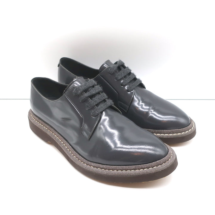 Brunello Cucinelli Glitter-Trim Lace Up Oxfords Gray Patent Leather Size 40.5