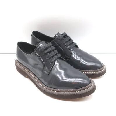 Brunello Cucinelli Glitter-Trim Lace Up Oxfords Gray Patent Leather Size 40.5