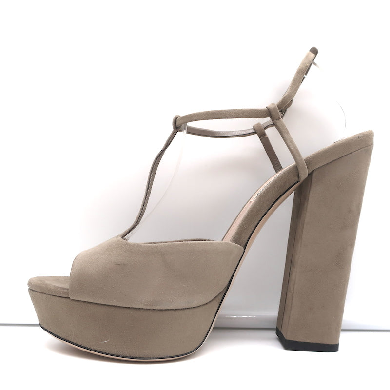 Miu Miu T-Strap Platform Sandals Taupe Suede Size 41 Open Toe Heels NEW