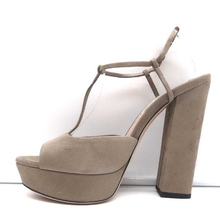 Miu Miu T-Strap Platform Sandals Taupe Suede Size 41 Open Toe Heels NEW