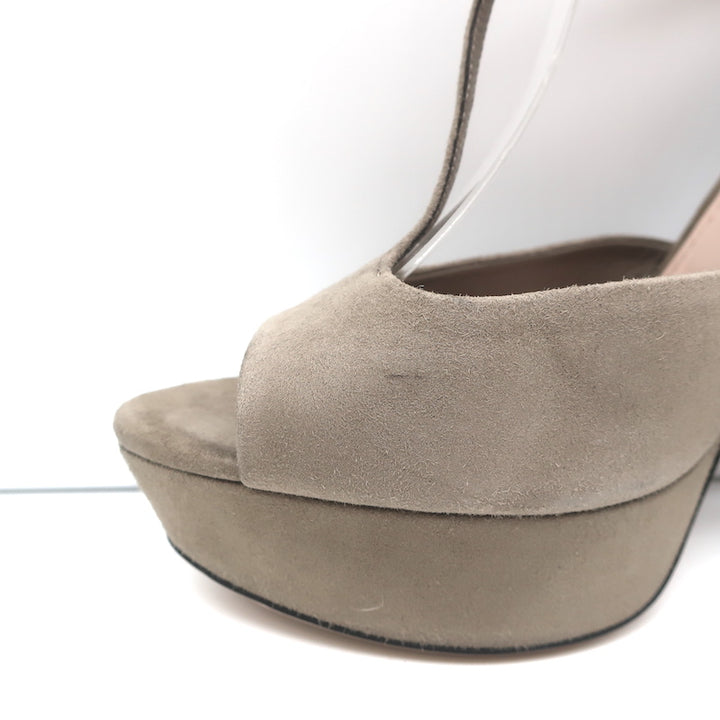 Miu Miu T-Strap Platform Sandals Taupe Suede Size 41 Open Toe Heels NEW