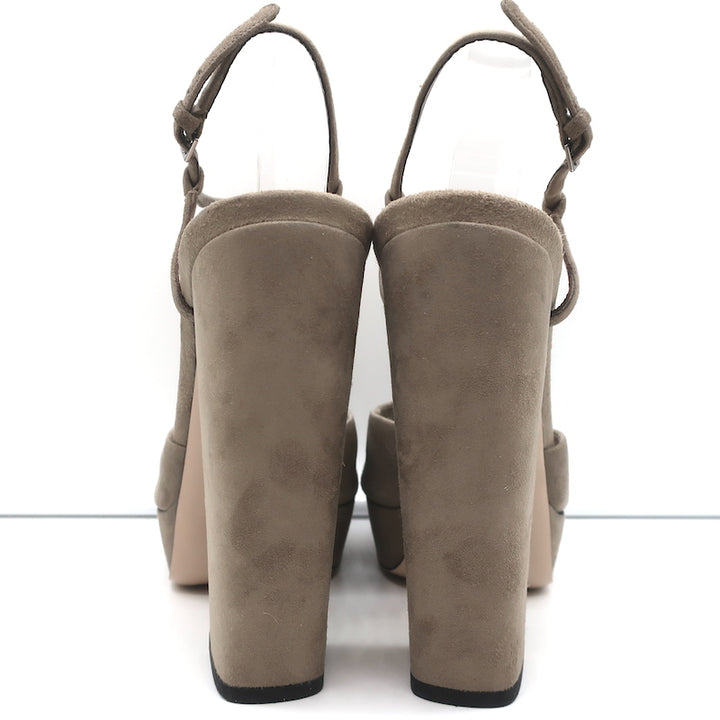 Miu Miu T-Strap Platform Sandals Taupe Suede Size 41 Open Toe Heels NEW