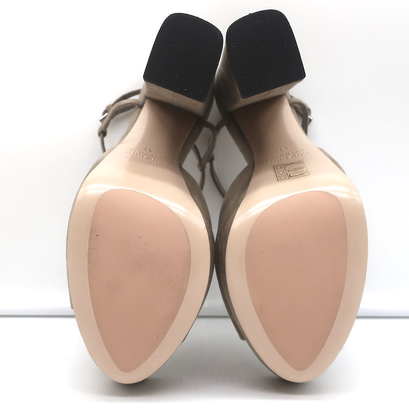 Miu Miu T-Strap Platform Sandals Taupe Suede Size 41 Open Toe Heels NEW