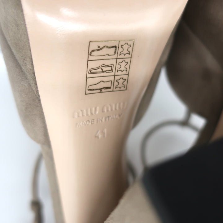 Miu Miu T-Strap Platform Sandals Taupe Suede Size 41 Open Toe Heels NEW