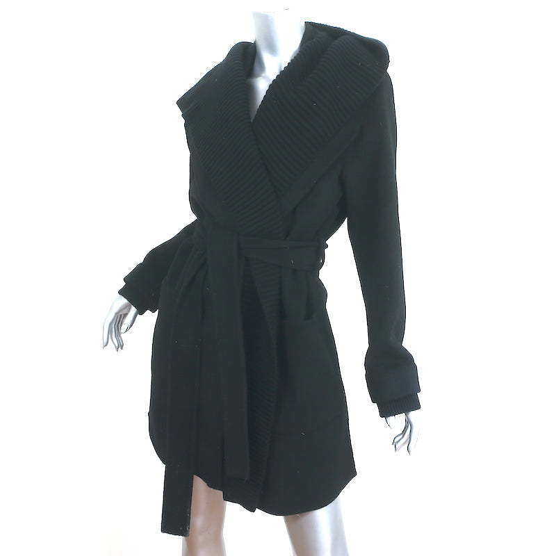 Splendid Oslo Belted Coat Black Wool-Blend Size Large Knit-Trim Jacket