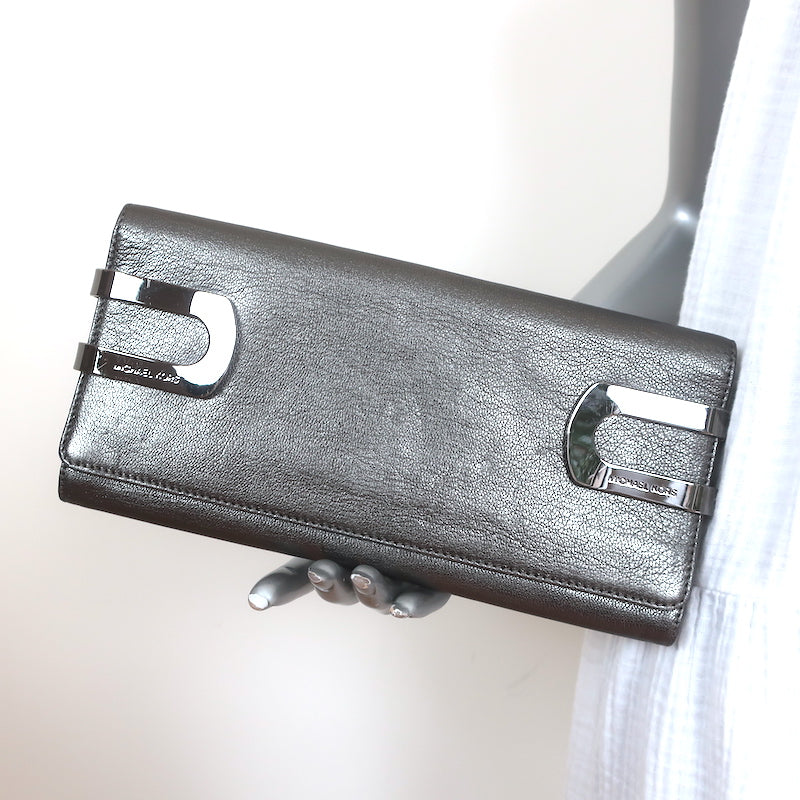 Michael Kors Collection Flap Clutch Pewter Metallic Leather Evening Bag