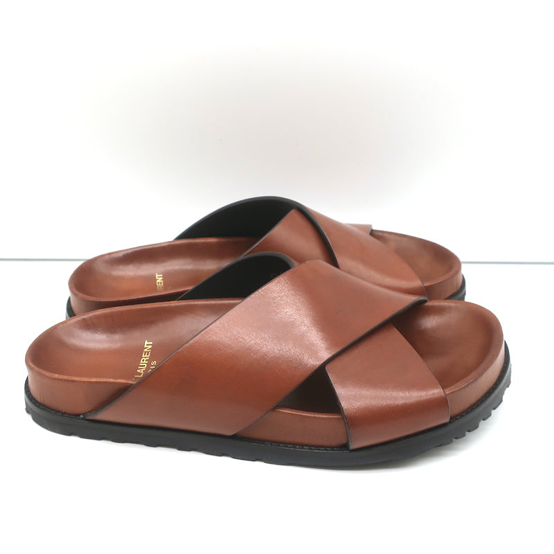 Saint Laurent Jimmy Crisscross Slides Brown Leather Size 35.5 Flat Sandals NEW