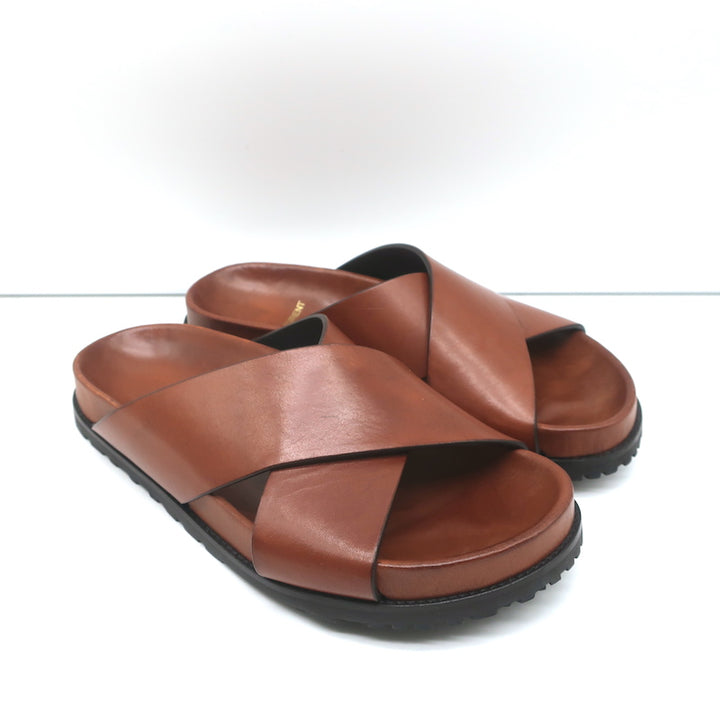 Saint Laurent Jimmy Crisscross Slides Brown Leather Size 35.5 Flat Sandals NEW