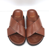 Saint Laurent Jimmy Crisscross Slides Brown Leather Size 35.5 Flat Sandals NEW