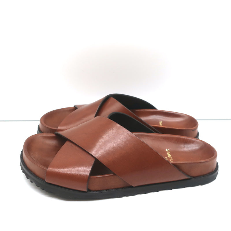Saint Laurent Jimmy Crisscross Slides Brown Leather Size 35.5 Flat Sandals NEW