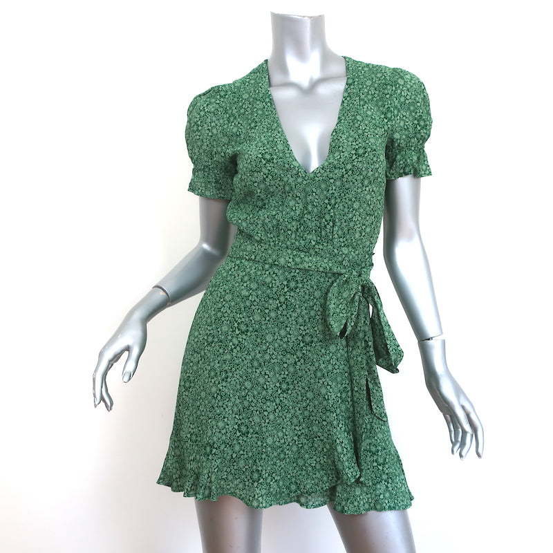 Elizabeth Wiatt Reformation Mini Wrap Dress Green Ruffled Floral Print Crepe Size Extra Small