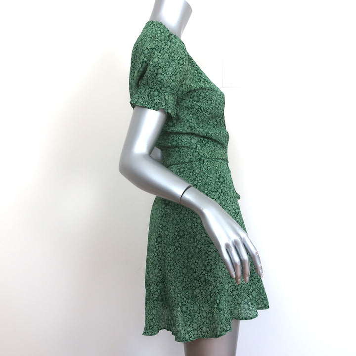 Reformation Mini Wrap Dress Green Ruffled Floral Print Crepe Size Extra Small