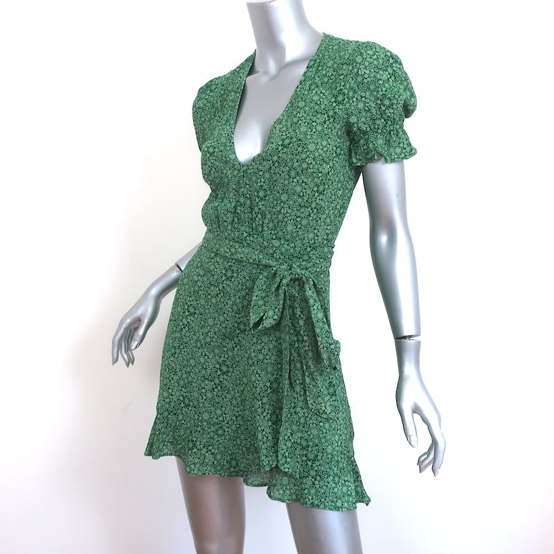 Reformation Mini Wrap Dress Green Ruffled Floral Print Crepe Size Extra Small