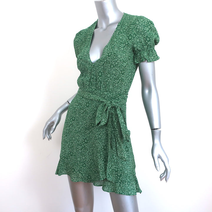 Reformation Mini Wrap Dress Green Ruffled Floral Print Crepe Size Extra Small
