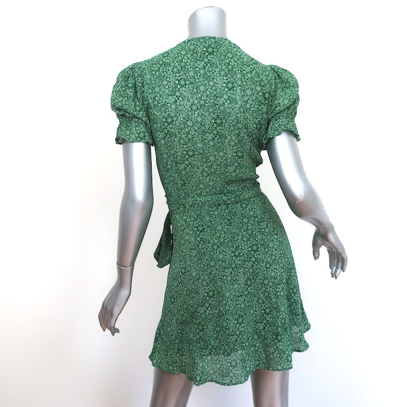 Reformation Mini Wrap Dress Green Ruffled Floral Print Crepe Size Extra Small